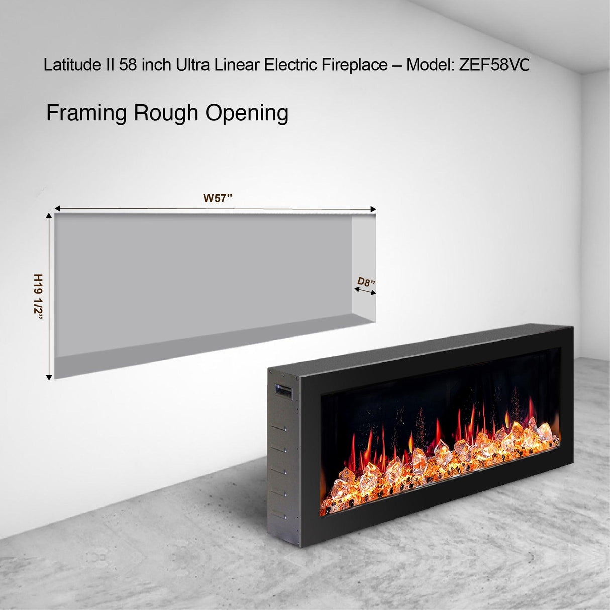 2025 New Litedeer Homes Latitude II 58-inch Wall Mount Smart Electric Fireplace with app Diamond-like Crystal - ZEF58VC, Black