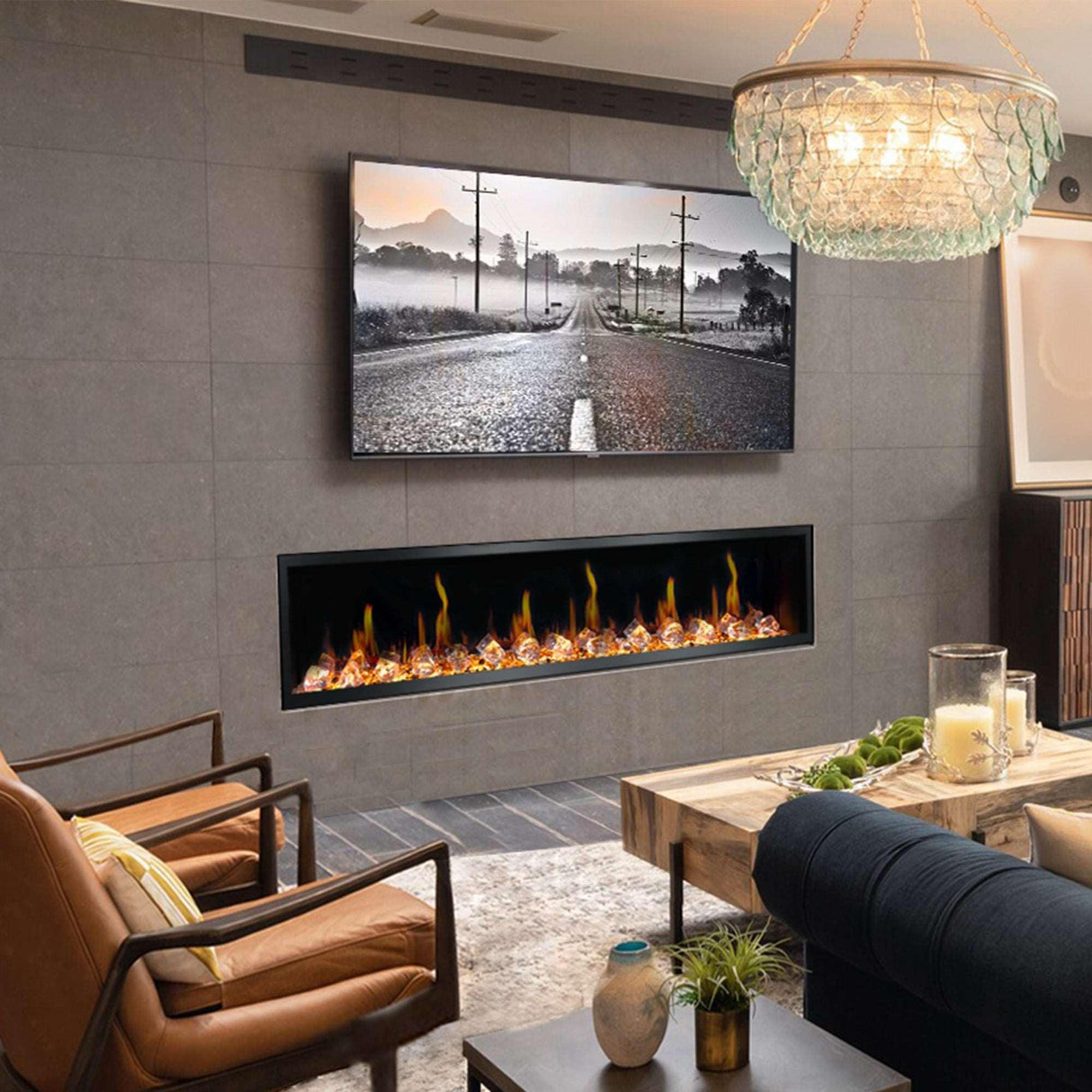 2025 New Litedeer Homes Latitude II 68" Smart Wall Mount Electric Fireplace with App Crushed Ice Rocks & Remote - ZEF68XC