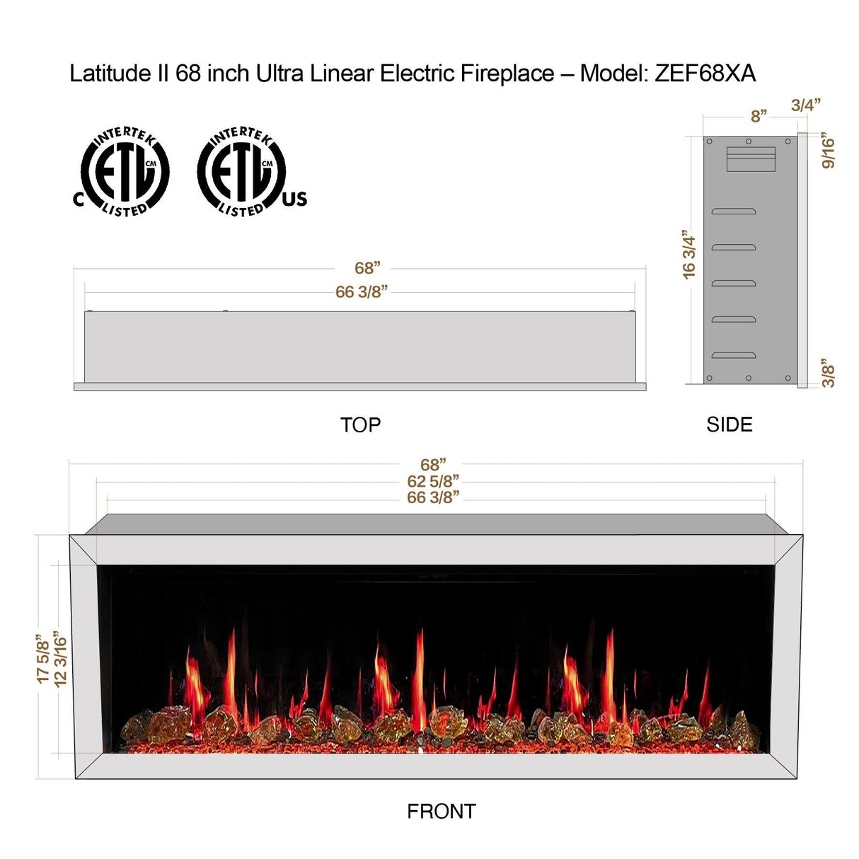 2025 New Litedeer Homes Latitude II 68" Smart Wall Mounted Electric Fireplace with Reflective Amber Glass - ZEF68XA
