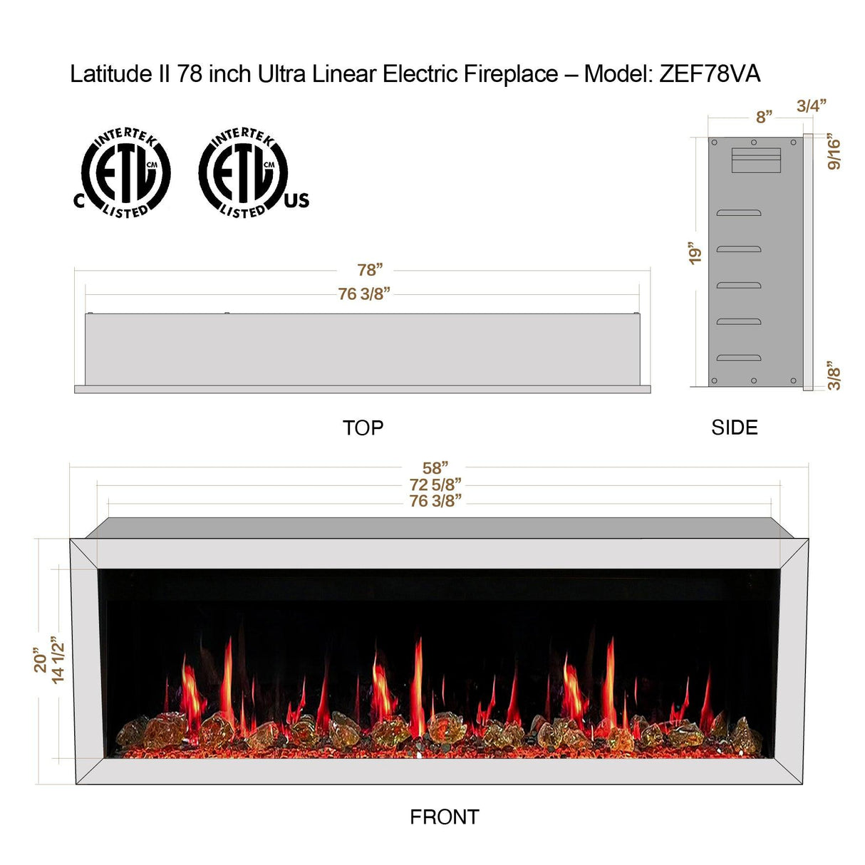 2025 New Litedeer Homes Latitude II 78 inch Wifi Smart Electric Fireplace with crackling - ZEF78VA