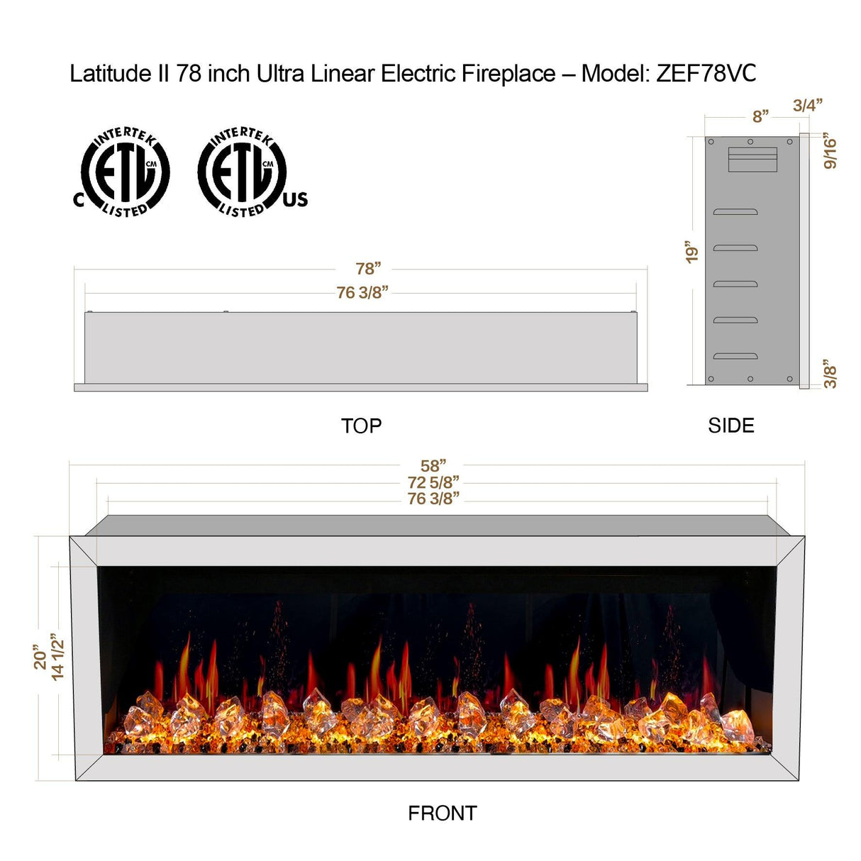 2025 New Litedeer Latitude 78-inch Wall Mount Smart Electric Fireplace with Crackling Sounds Multi-Flame Style, 5 Unique Flame Colour,All Accessories Included - ZEF78VC, Black