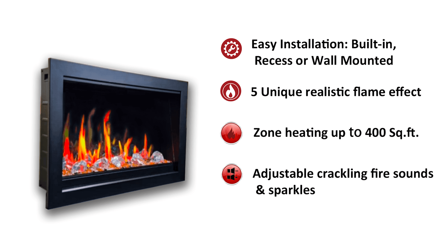 LiteStar 38-in Smart Electric Fireplace Insert with App 5 Unique Flame Crackling Sounds Driftwood Logs & River Rocks - ZEF38VC, Black Fireplace 38"