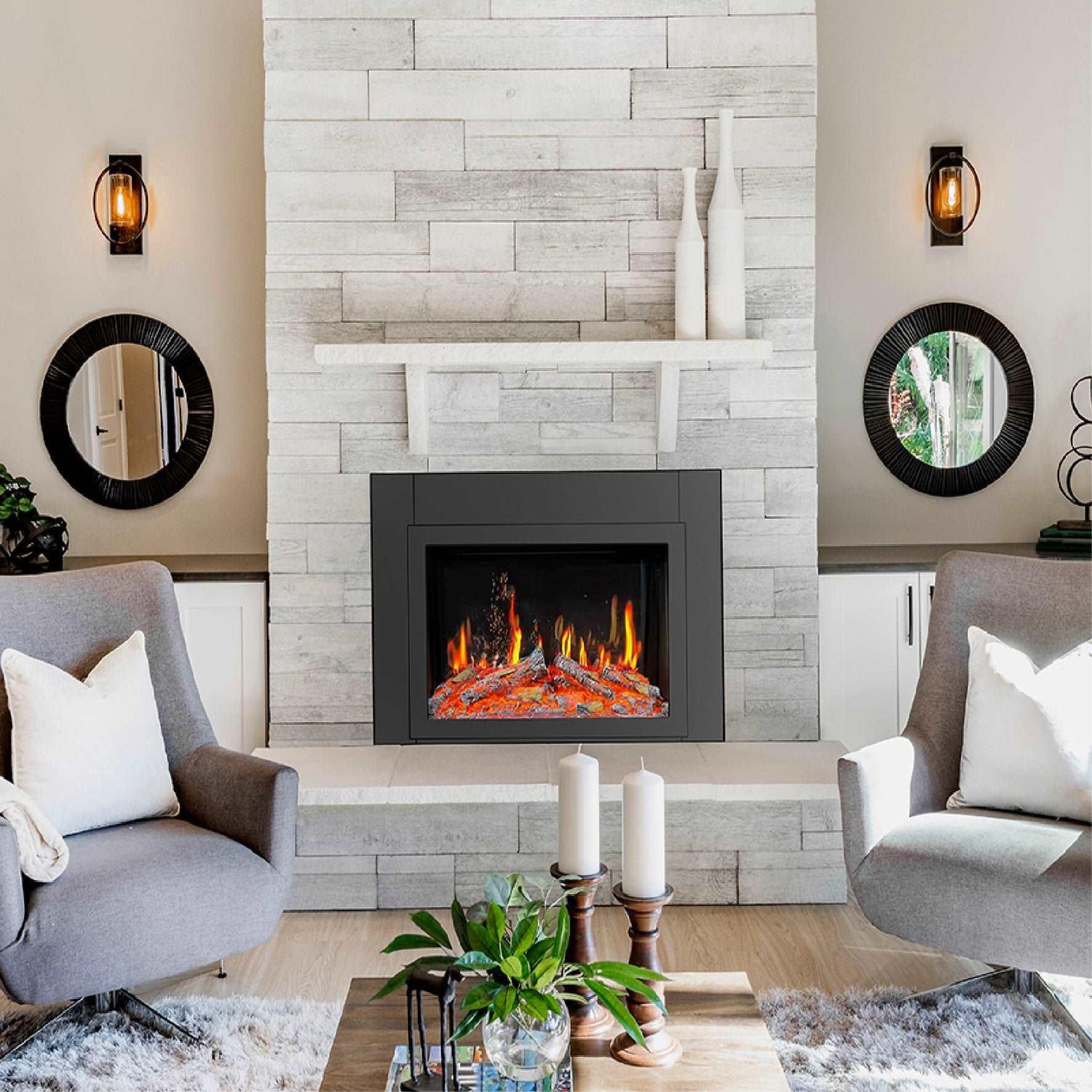 LiteStar 38-in Smart Electric Fireplace Insert with App 5 Unique Flame Crackling Sounds Driftwood Logs & River Rocks - ZEF38VC, Black Fireplace 38"