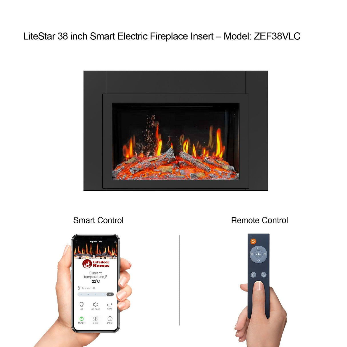 LiteStar 38-in Smart Electric Fireplace Insert with App 5 Unique Flame Crackling Sounds Driftwood Logs & River Rocks - ZEF38VC, Black Fireplace 38"