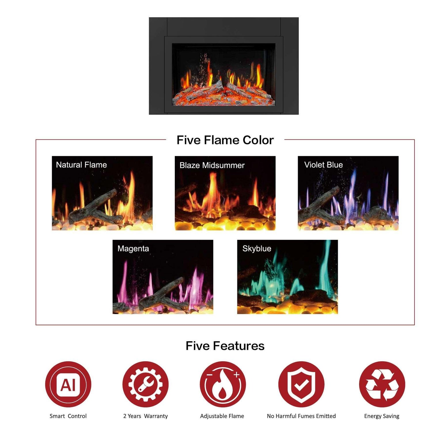 LiteStar 38-in Smart Electric Fireplace Insert with App 5 Unique Flame Crackling Sounds Driftwood Logs & River Rocks - ZEF38VC, Black Fireplace 38"