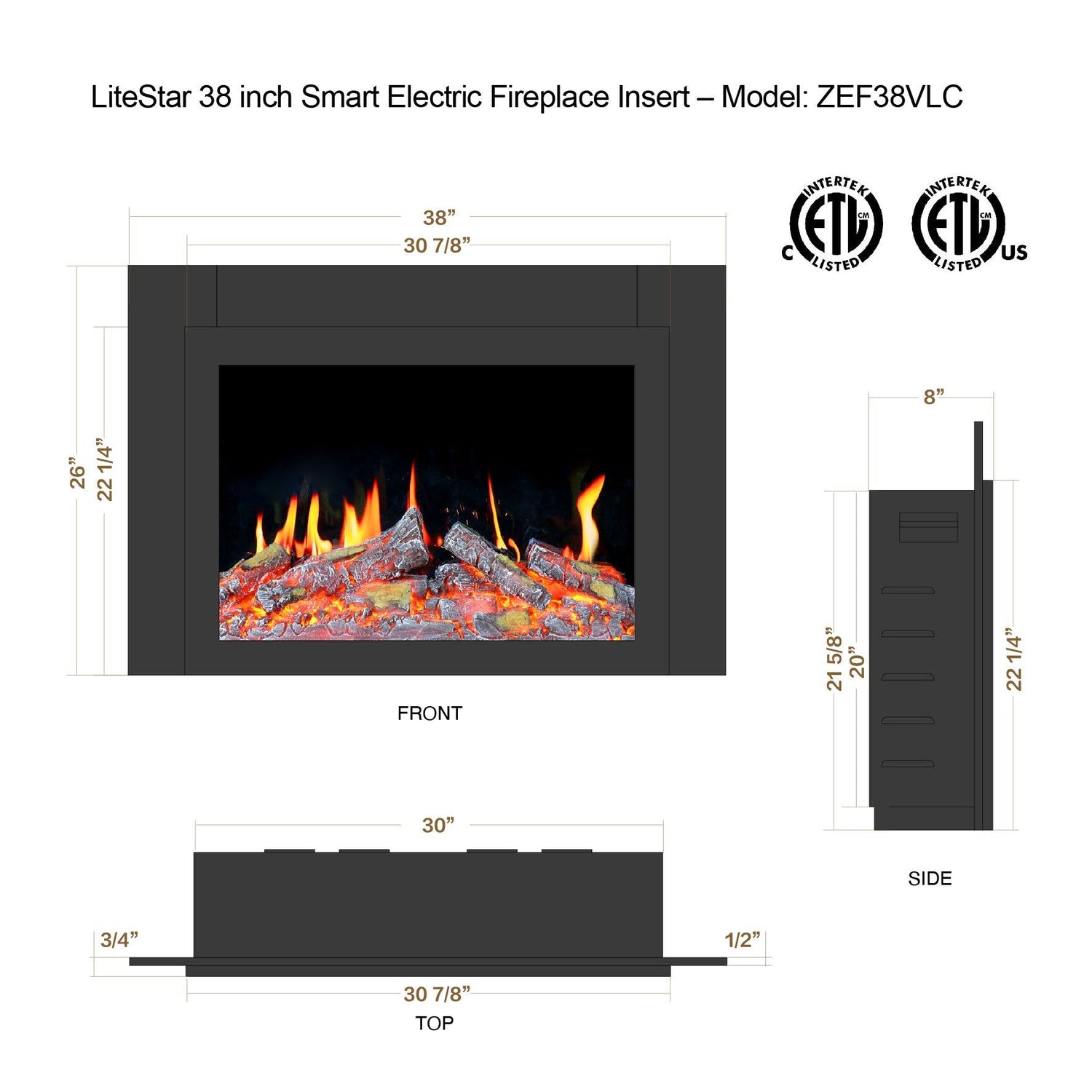 LiteStar 38-in Smart Electric Fireplace Insert with App 5 Unique Flame Crackling Sounds Driftwood Logs & River Rocks - ZEF38VC, Black Fireplace 38"
