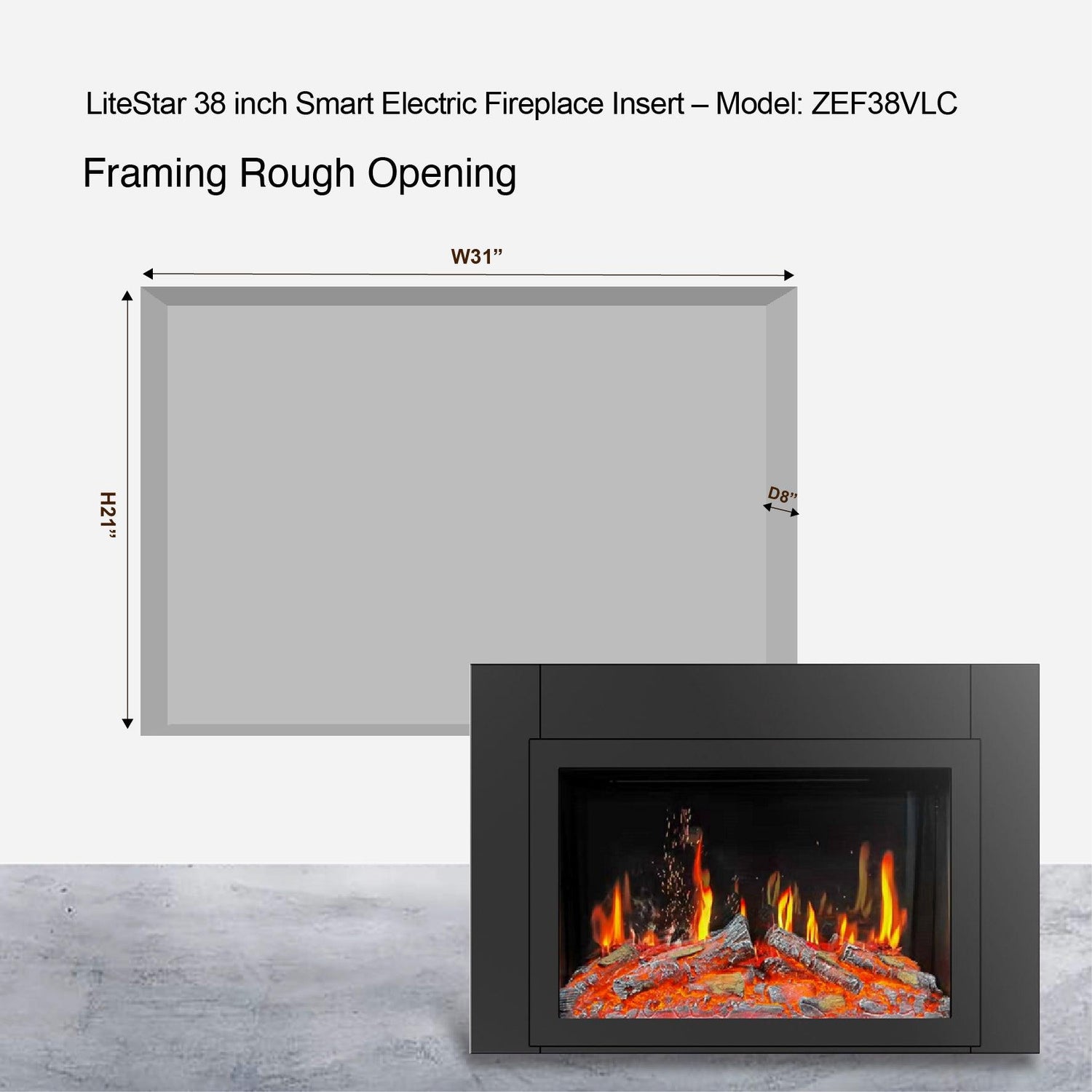 LiteStar 38-in Smart Electric Fireplace Insert with App 5 Unique Flame Crackling Sounds Driftwood Logs & River Rocks - ZEF38VC, Black Fireplace 38"