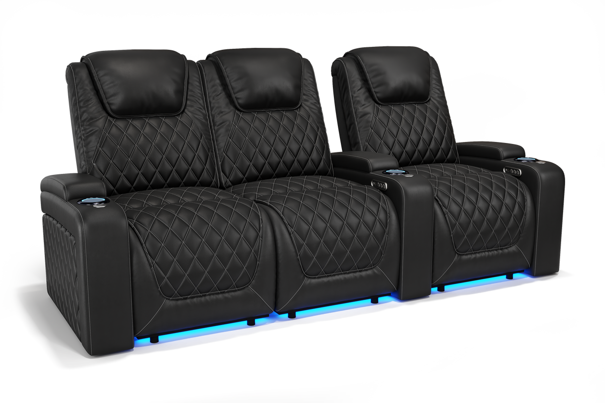 Valencia 2025 New Oslo Leather Home Theater Seating Row of 3 Loveseat Left, Midnight Black