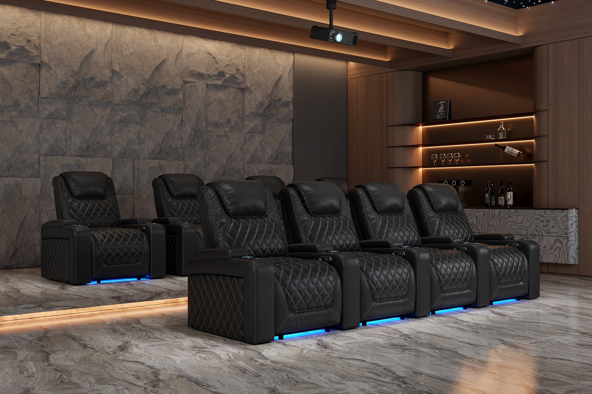 Valencia 2025 New Oslo Leather Home Theater Seating Row of 4, Midnight Black