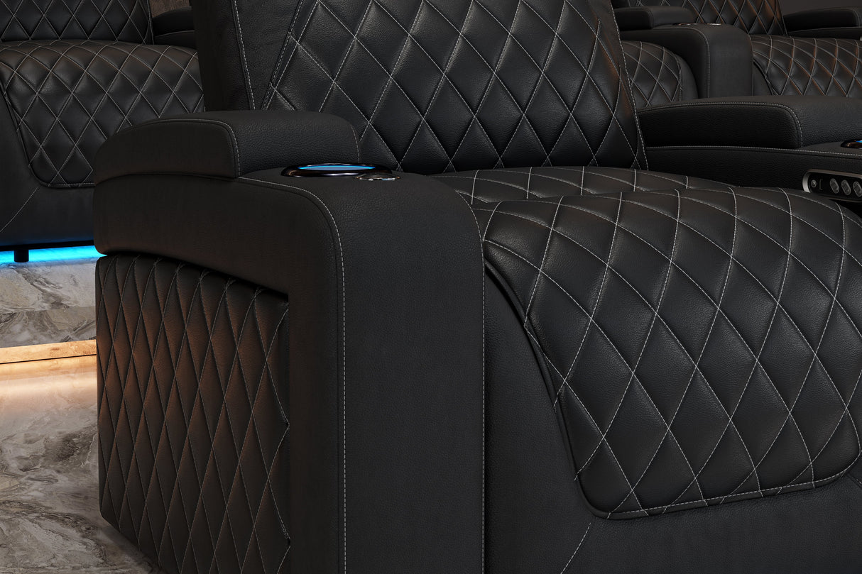 Valencia 2025 New Oslo Leather Home Theater Seating Row of 4 Loveseat Right, Midnight Black