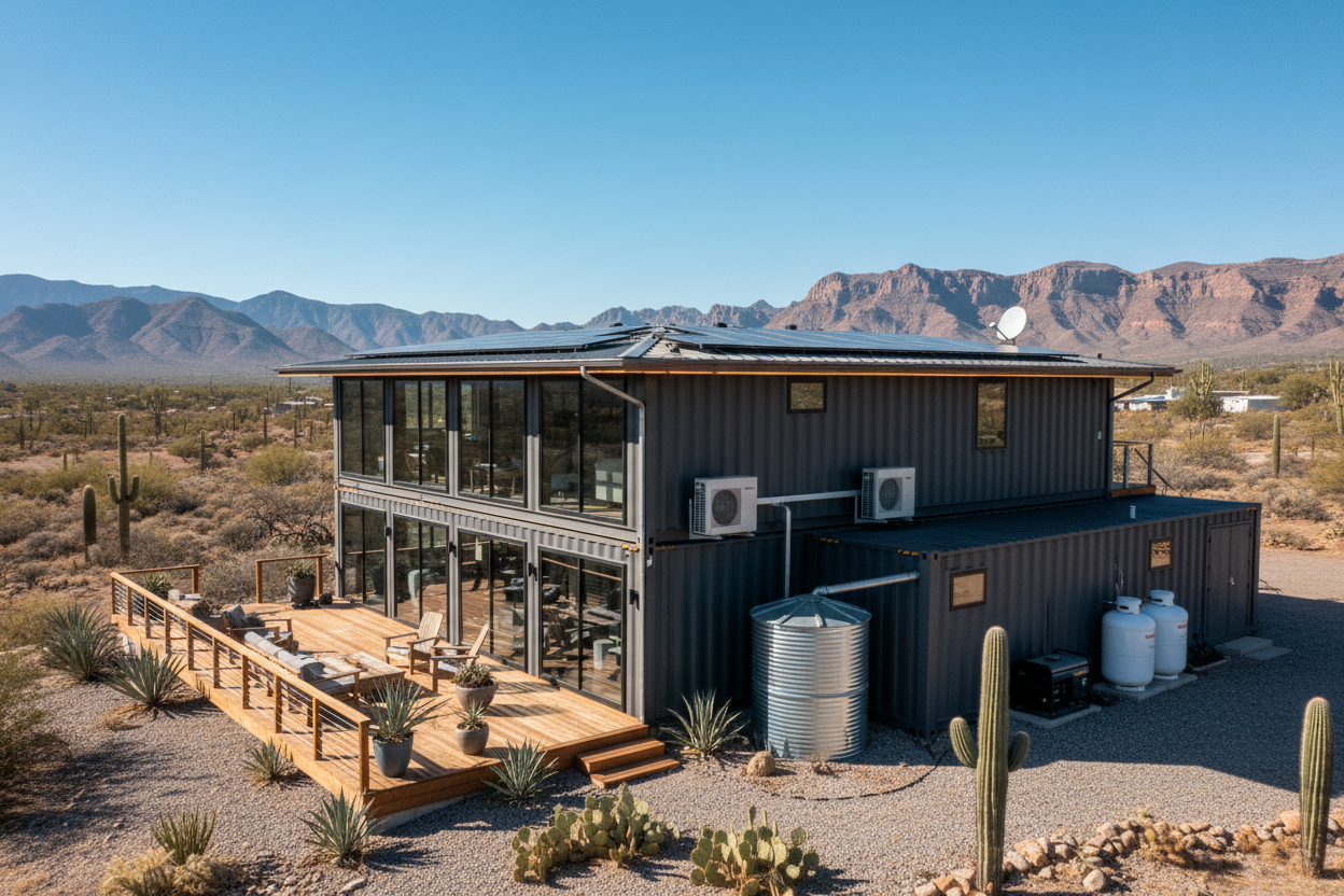 picture of a container home in the western USa with all the equipmetn possible to come with