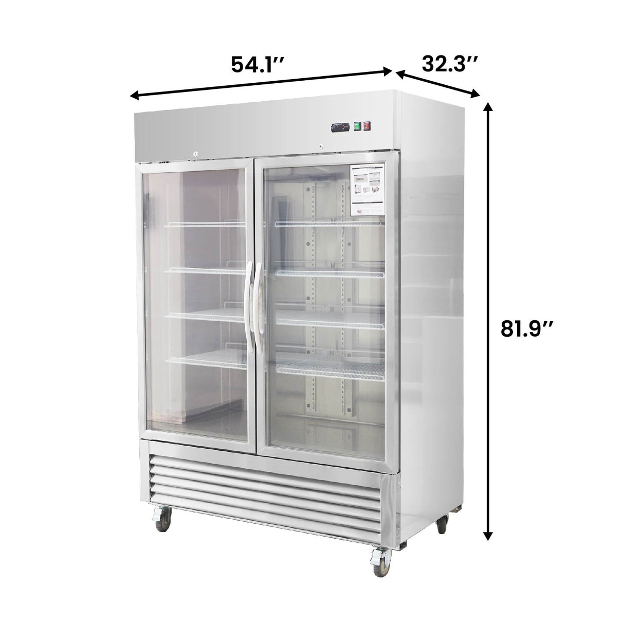 54"W Commercial Refrigerator 42 cu. ft. 2 Glass Door Reach In Refrigerator