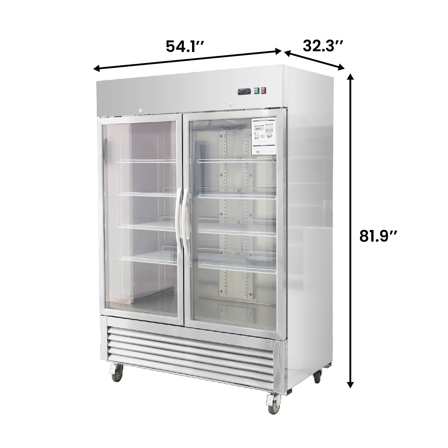 54"W Commercial Refrigerator 42 cu. ft. 2 Glass Door Reach In Refrigerator