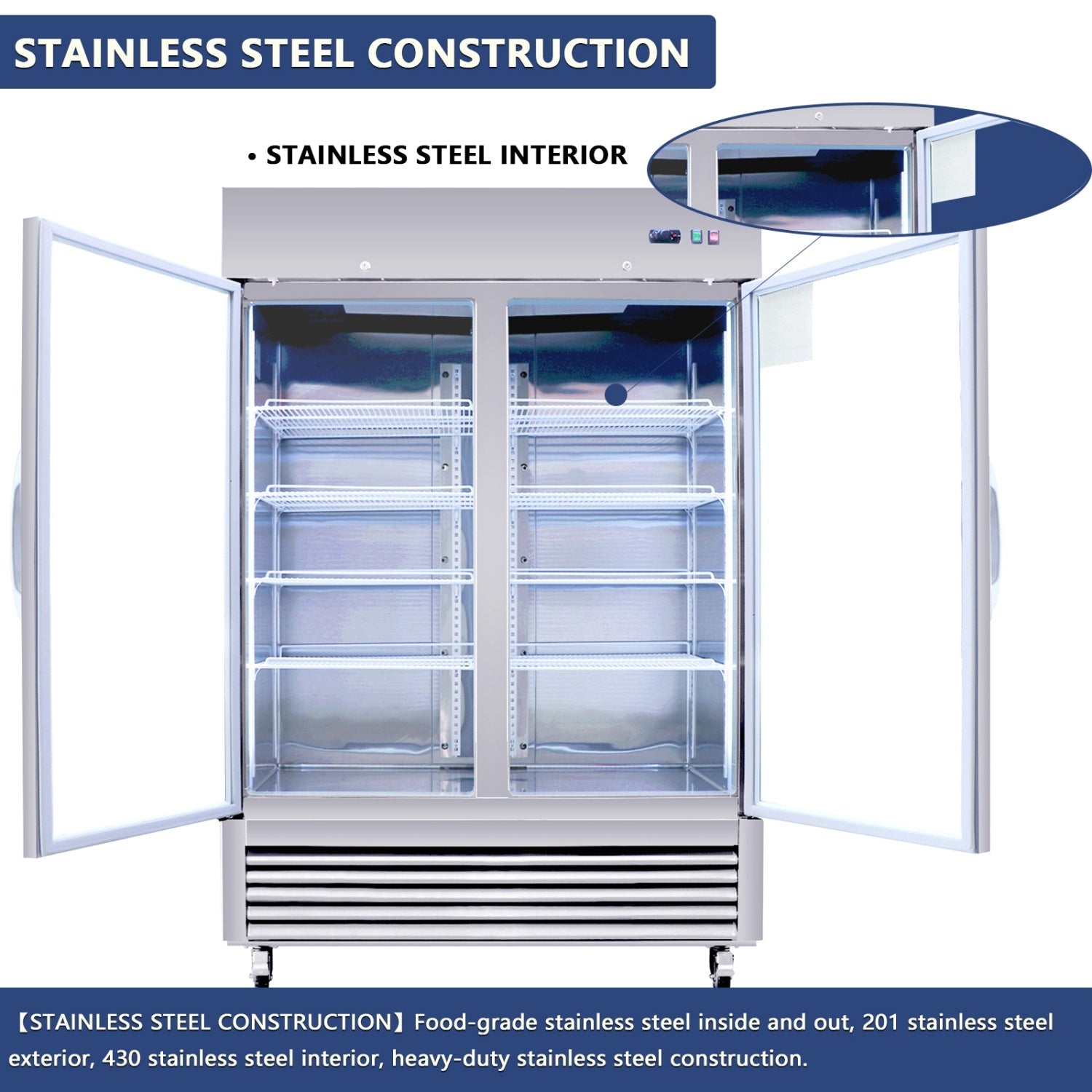 54"W Commercial Refrigerator 42 cu. ft. 2 Glass Door Reach In Refrigerator