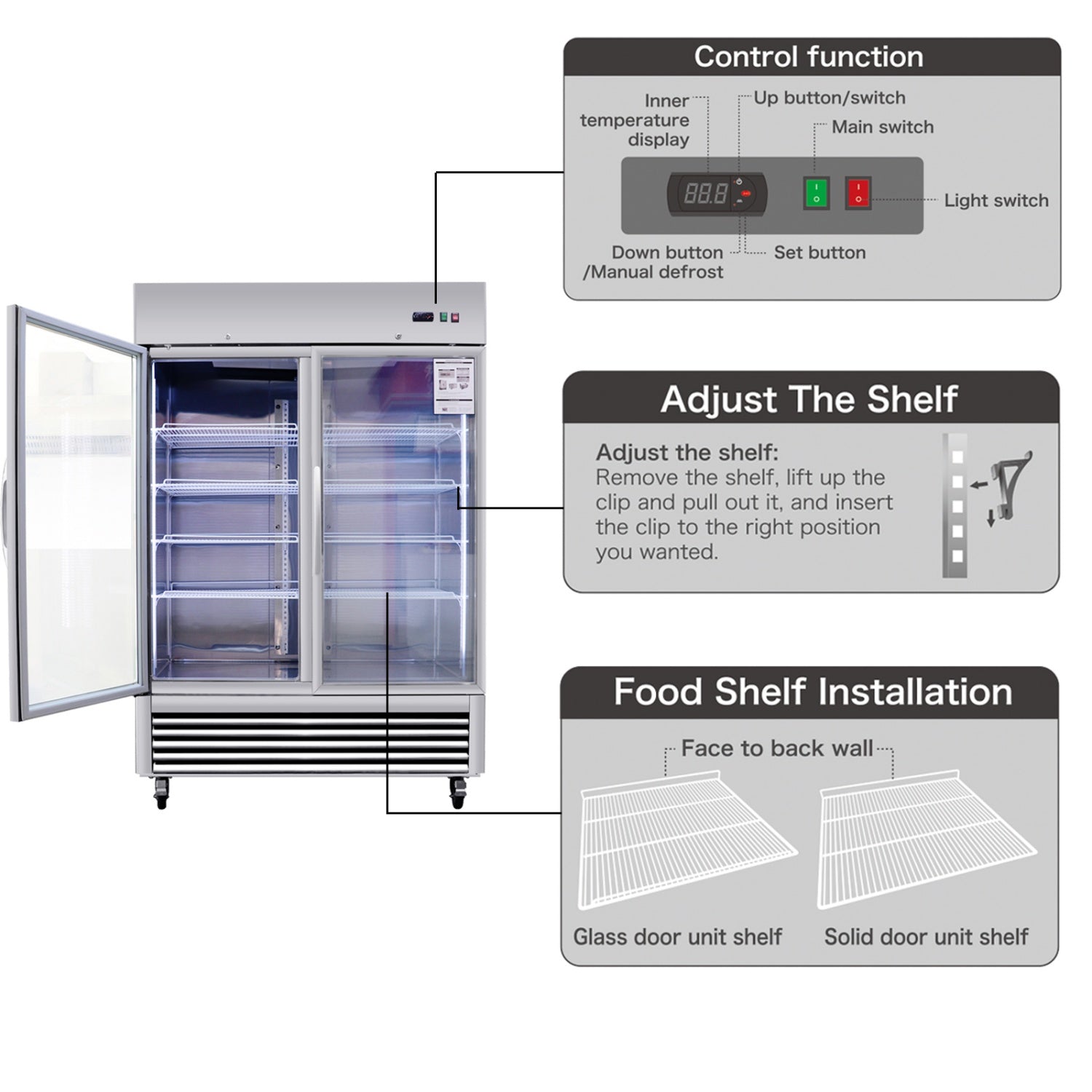 54"W Commercial Refrigerator 42 cu. ft. 2 Glass Door Reach In Refrigerator