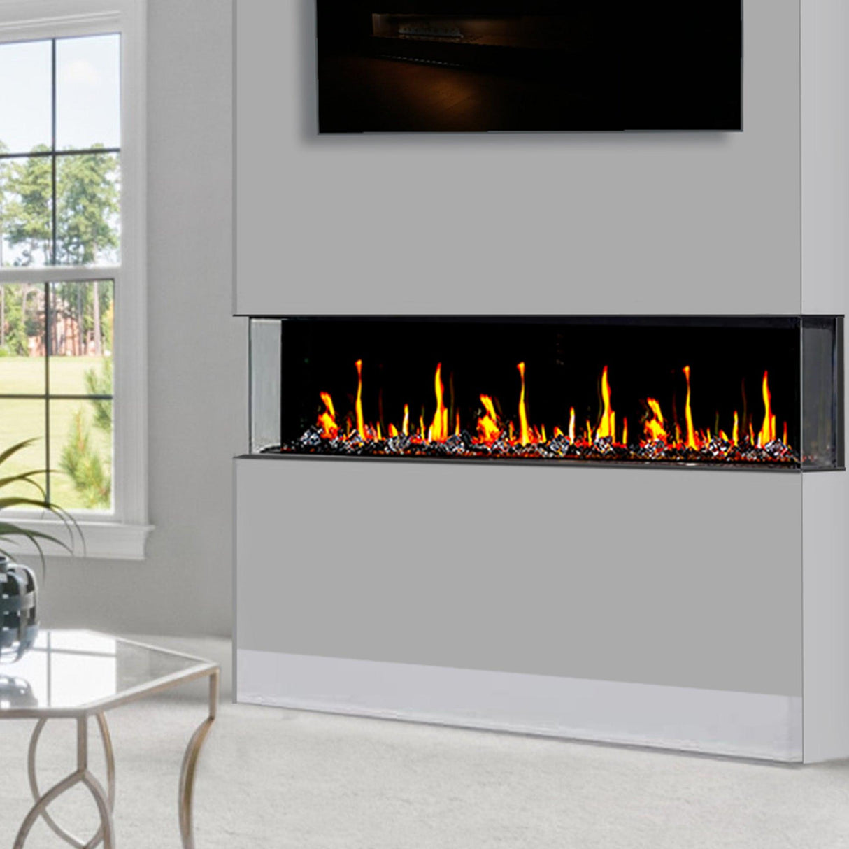 2025 Warmcastle 50-Inch 3-Sided Smart Electric Fireplace with Crackling Sounds, App Control, Driftwood Logs, Reflective Fire Glass Amber (Model: ZEF50TA)