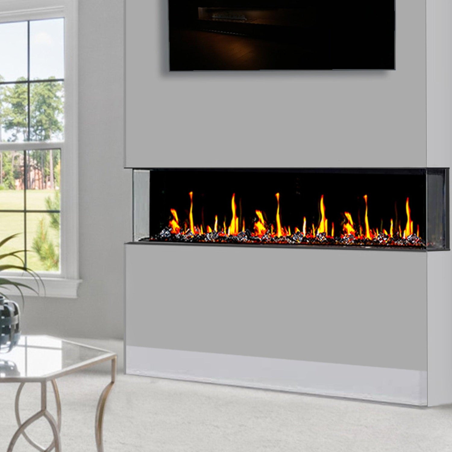 2025 Warmcastle 50-Inch 3-Sided Smart Electric Fireplace with Crackling Sounds, App Control, Driftwood Logs, Reflective Fire Glass Amber (Model: ZEF50TA)