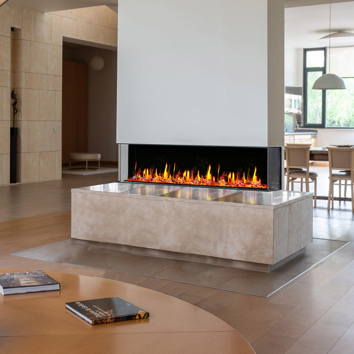 2025 New 2025 Warmcastle 60-Inch 3-Sided Smart Electric Fireplace with Crackling Sounds, App Control, Driftwood Logs, Reflective Fire Glass Amber (Model: ZEF60TA)