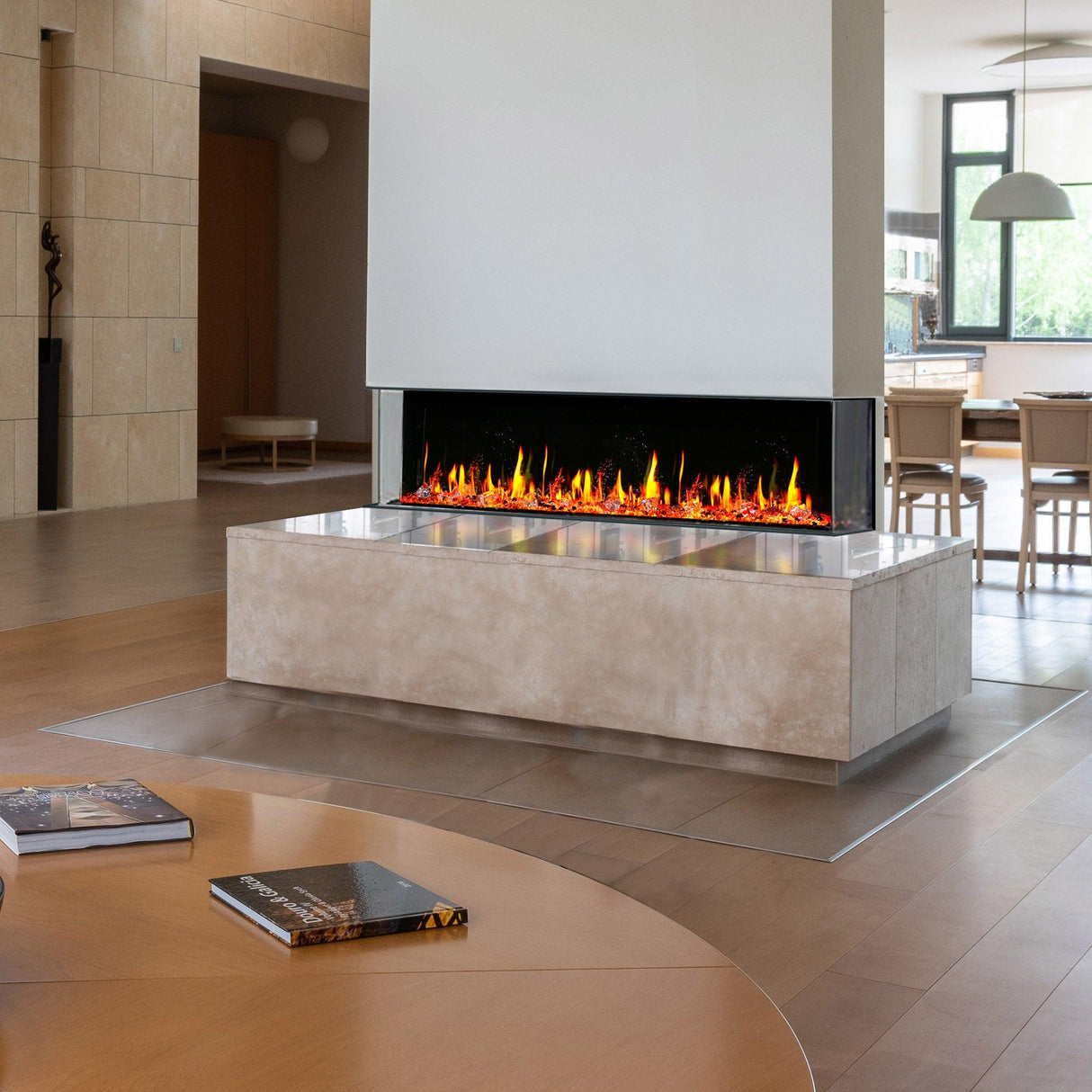 2025 New 2025 Warmcastle 60-Inch 3-Sided Smart Electric Fireplace with Crackling Sounds, App Control, Driftwood Logs, Reflective Fire Glass Amber (Model: ZEF60TA)