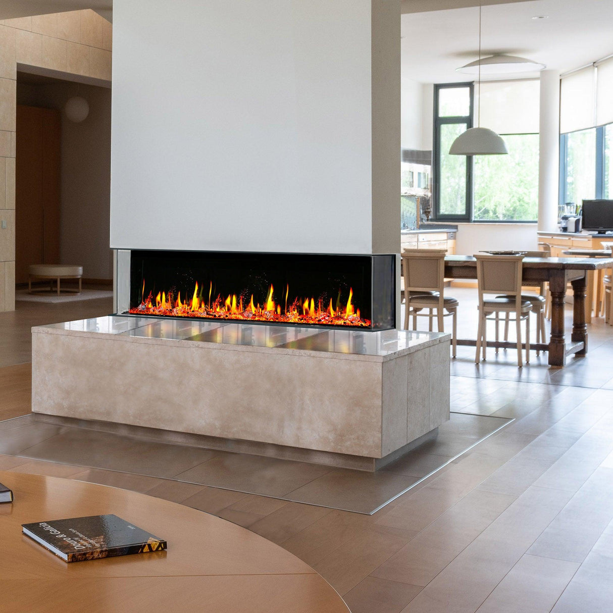 2025 New 2025 Warmcastle 60-Inch 3-Sided Smart Electric Fireplace with Crackling Sounds, App Control, Driftwood Logs, Reflective Fire Glass Amber (Model: ZEF60TA)
