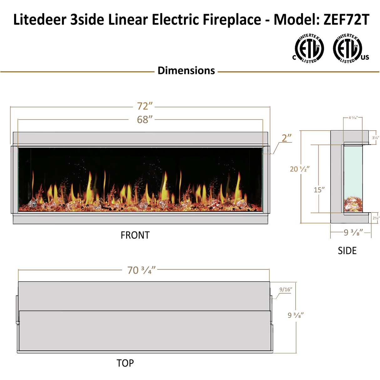 2025 New Litedeer Homes Warmcastle 72-Inch 3-Sided Smart Electric Fireplace (Model: ZEF72T) β WiFi-Enabled with Smart App Control