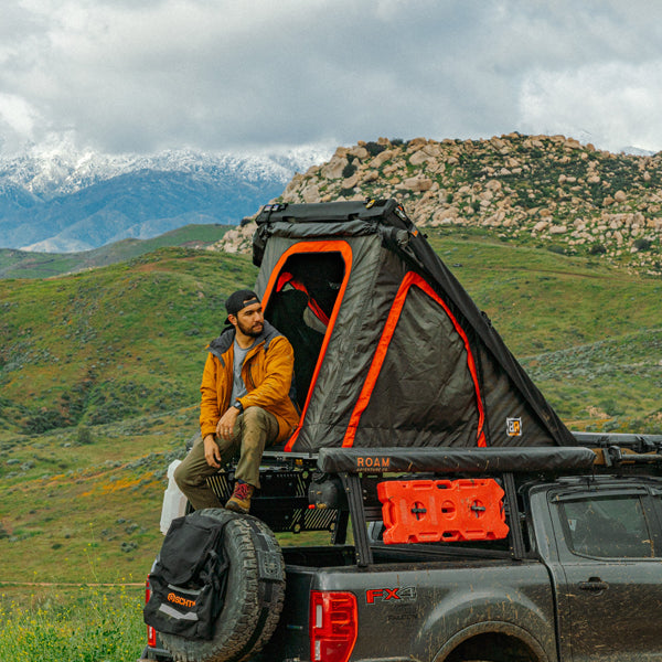 Badass tents - high cap "packout"- preassembled soft top rooftop tent (universal fit) - black rhinotec cover + grey/org tent - 48x88"