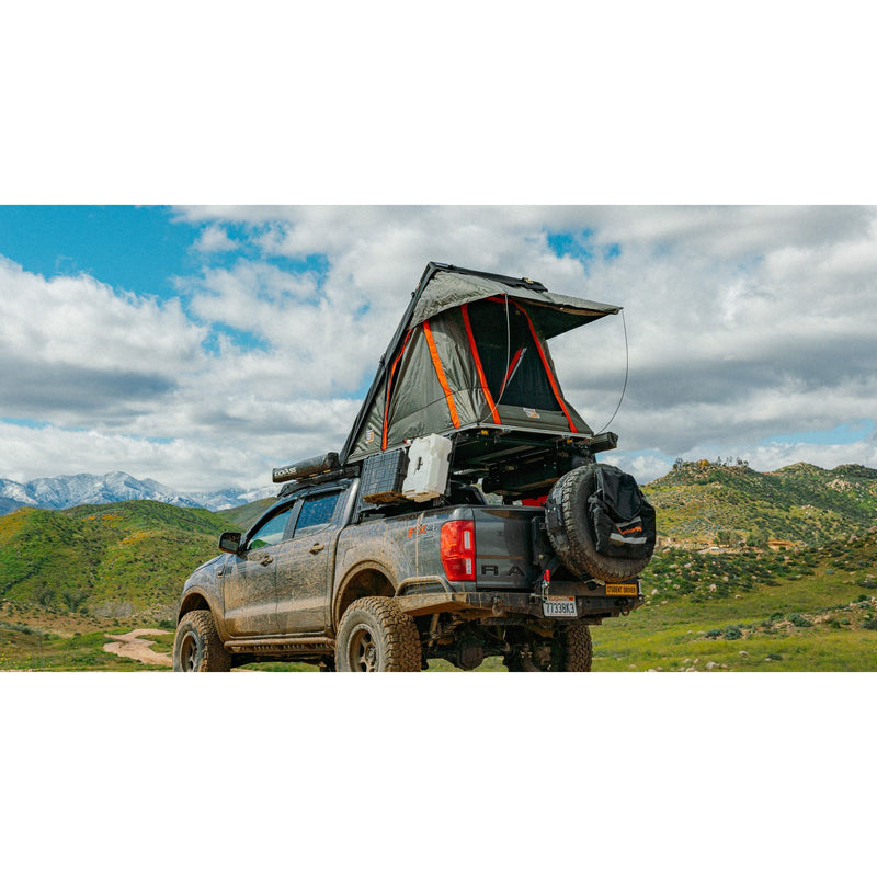 Badass tents - high cap "packout"- preassembled soft top rooftop tent (universal fit) - black rhinotec cover + grey/org tent - 48x88"