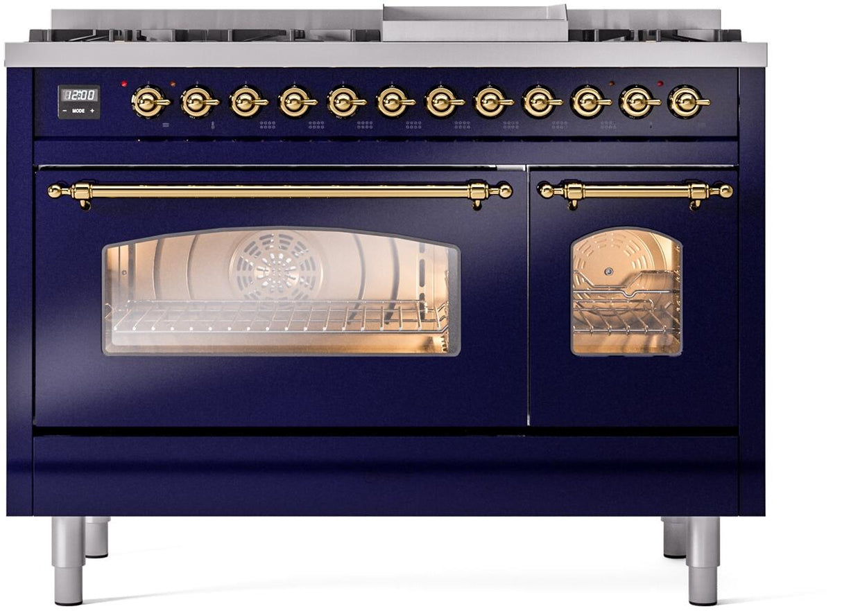 ILVE Nostalgie II 48-Inch Dual Fuel Freestanding Range in Midnight Blue with Brass Trim (UP48FNMPMBGLP)