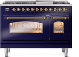 ILVE Nostalgie II 48-Inch Dual Fuel Freestanding Range in Midnight Blue with Brass Trim (UP48FNMPMBGLP)