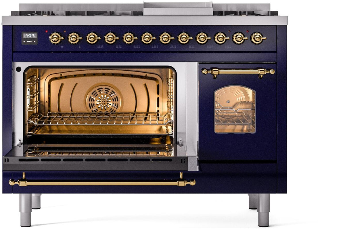 ILVE Nostalgie II 48-Inch Dual Fuel Freestanding Range in Midnight Blue with Brass Trim (UP48FNMPMBGLP)