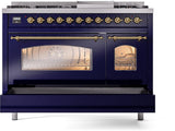 ILVE Nostalgie II 48-Inch Dual Fuel Freestanding Range in Midnight Blue with Brass Trim (UP48FNMPMBGLP)