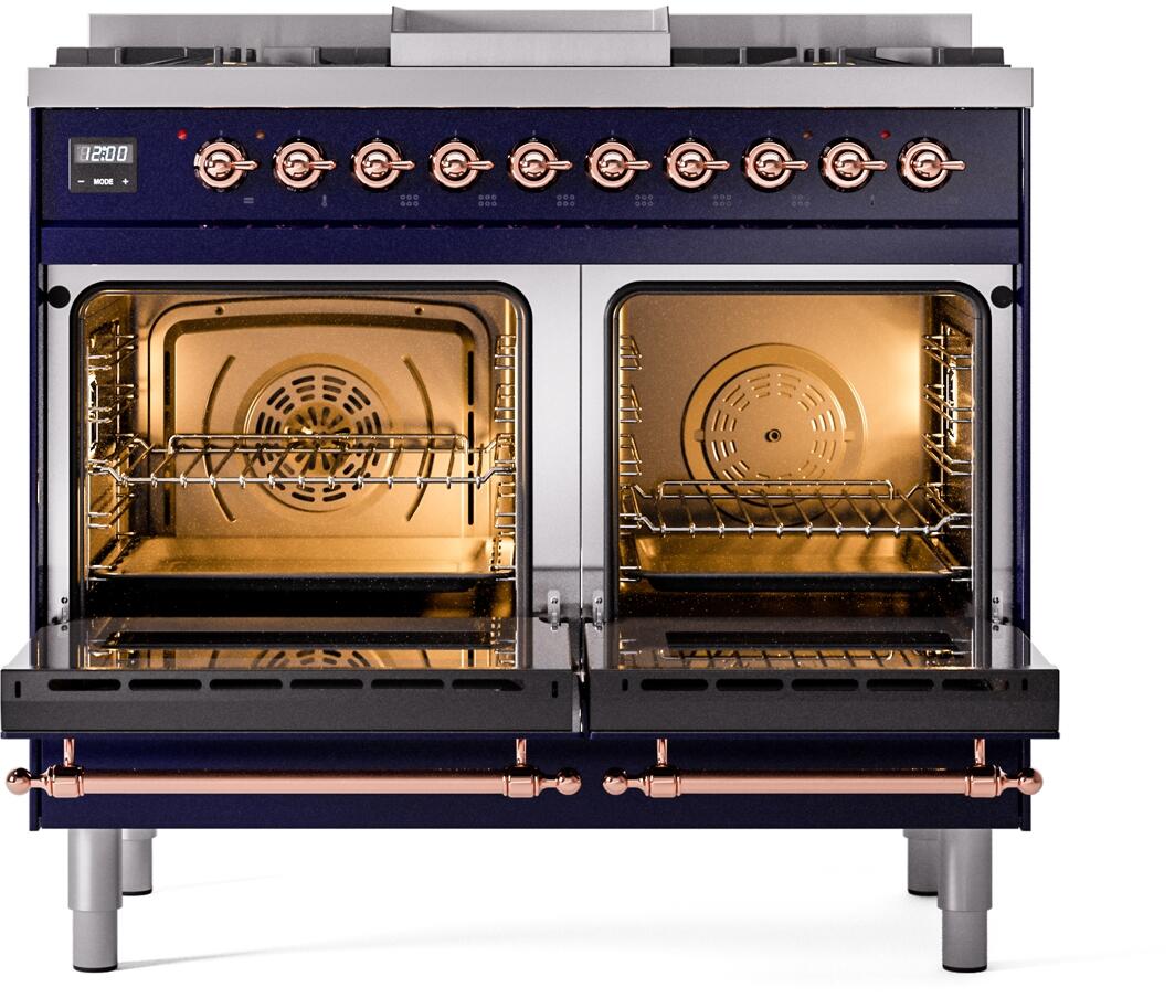 ILVE Nostalgie II 40-Inch Dual Fuel Freestanding Range in Midnight Blue with Copper Trim (UPD40FNMPMBPLP)