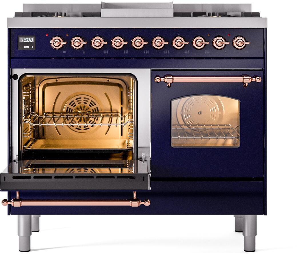 ILVE Nostalgie II 40-Inch Dual Fuel Freestanding Range in Midnight Blue with Copper Trim (UPD40FNMPMBPLP)