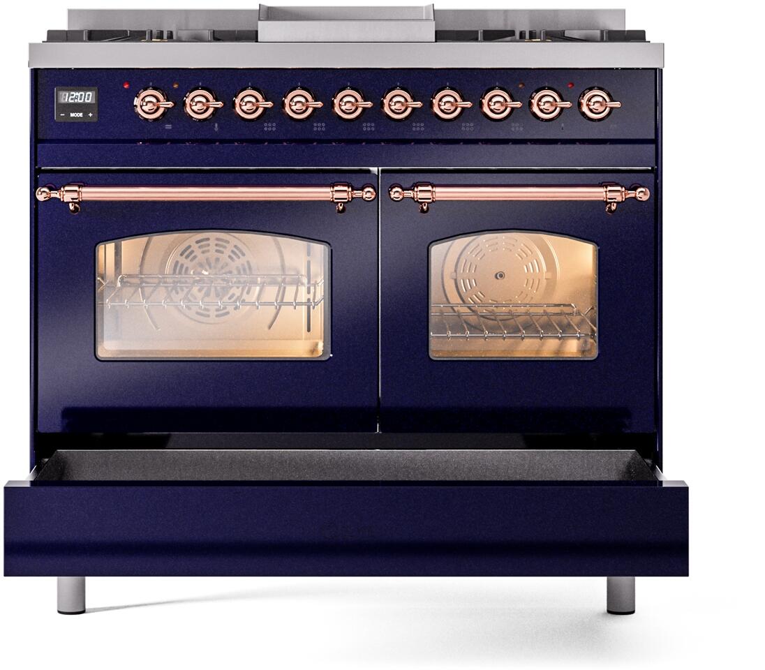 ILVE Nostalgie II 40-Inch Dual Fuel Freestanding Range in Midnight Blue with Copper Trim (UPD40FNMPMBPLP)