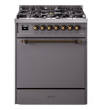 ILVE Nostalgie II 30-Inch Propane Gas Dual Fuel Range with Solid Door in Matte Graphite with Bronze Trim (UP30QNMPMGBLP)