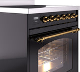 ILVE Nostalgie II 30-Inch Freestanding Electric Induction Range in Glossy Black with Brass Trim (UPI304NMPBKG)