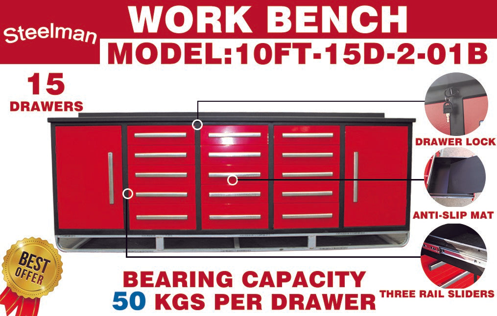 10ft Workbench Storage Cabinet with 15 Drawers & 2 Cabinets