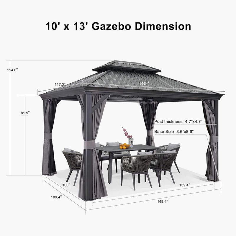 [10x13FT] Large Premium Outdoor Hardtop Aluminum Gazebo With Galvanized Steel Double Roof (SAK74826)