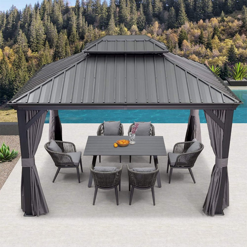 [10x13FT] Large Premium Outdoor Hardtop Aluminum Gazebo With Galvanized Steel Double Roof (SAK74826)