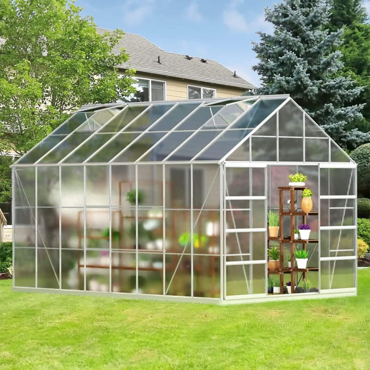 [10X16FT] Extra Large Heavy-Duty Backyard Polycarbonate Aluminum Greenhouse With Sliding Doors And Vents (SAK97526)