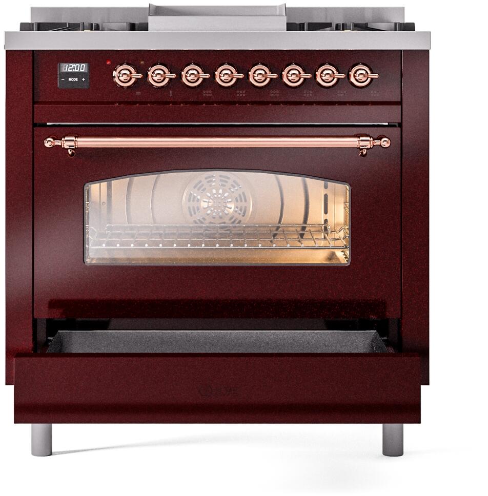 ILVE Nostalgie II 36-Inch Dual Fuel Freestanding Range in Burgundy with Copper Trim (UP36FNMPBUPLP)