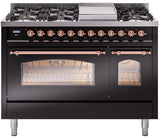 ILVE Nostalgie II 48-Inch Dual Fuel Freestanding Range in Glossy Black with Copper Trim (UP48FNMPBKPLP)