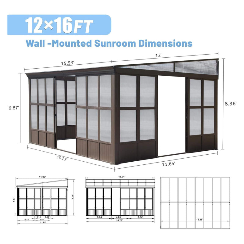 [12x16FT] Extra Large All-Season Outdoor Wall-Mounted Sunroom Solarium With Detachable Polycarbonate Windows And Lockable Sliding Doors (SAK97835)
