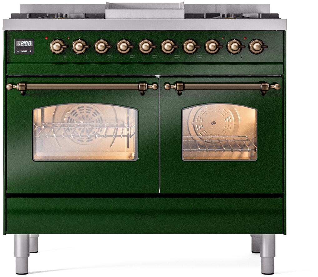 ILVE Nostalgie II 40-Inch Dual Fuel Freestanding Range in Emerald Green with Bronze Trim (UPD40FNMPEGBLP)