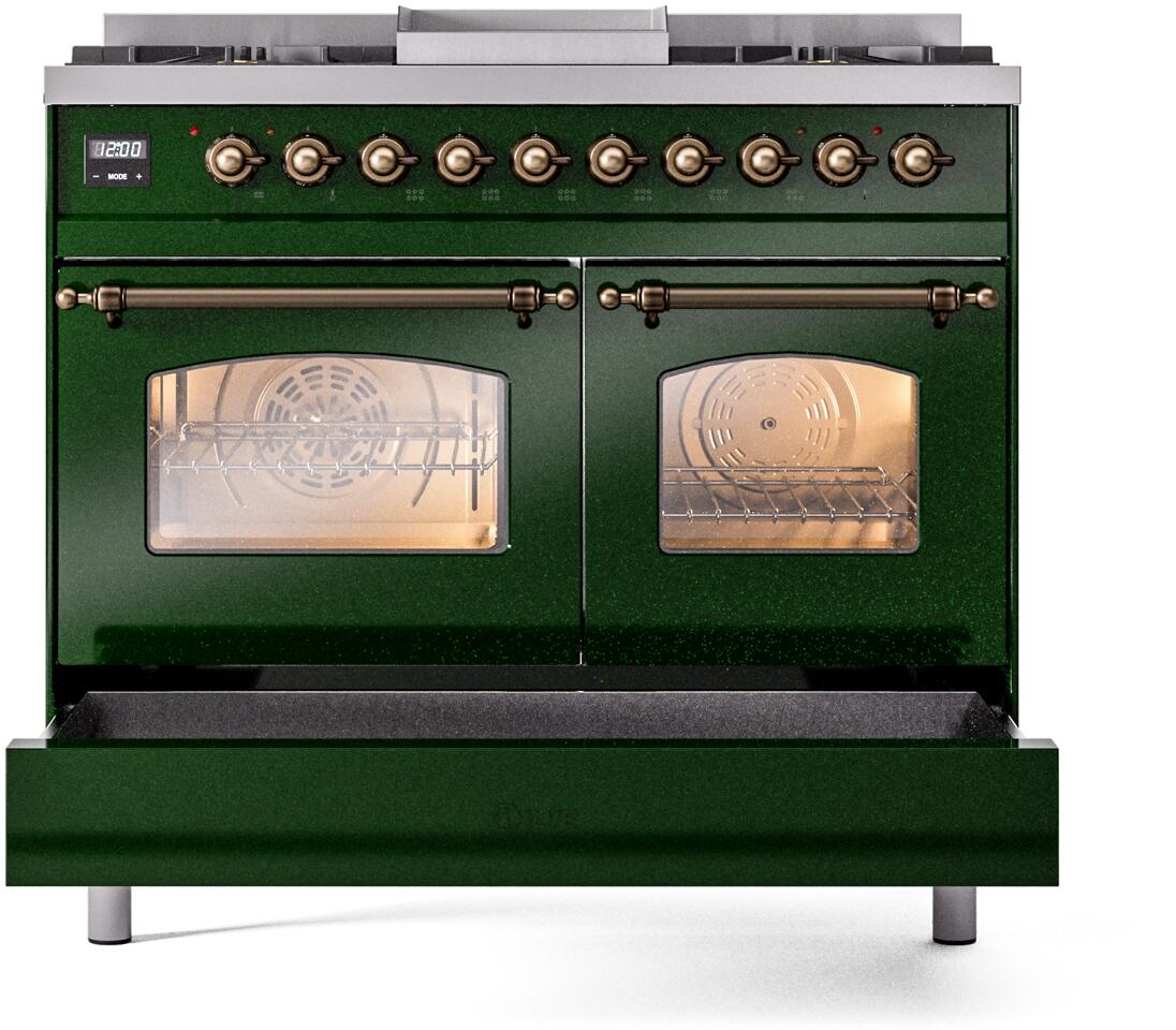 ILVE Nostalgie II 40-Inch Dual Fuel Freestanding Range in Emerald Green with Bronze Trim (UPD40FNMPEGBLP)