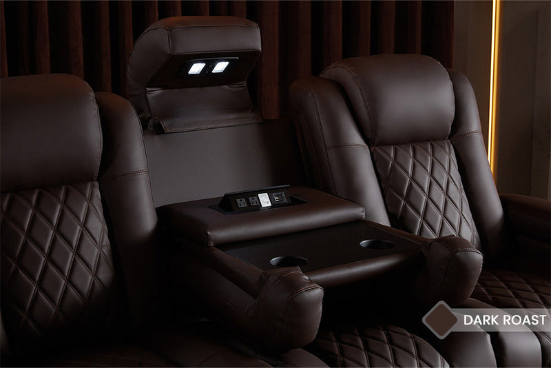 Valencia Tuscany Luxury Console Leather Home Theater Seating Row of 3 Dropdown Center, Onyx