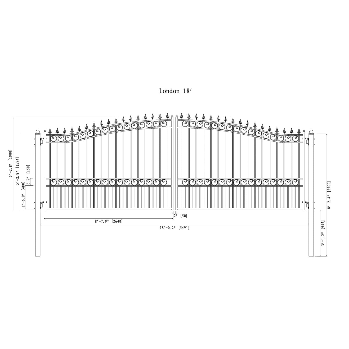 18'x6' Steel Dual Swing Driveway Gate - LONDON Style
