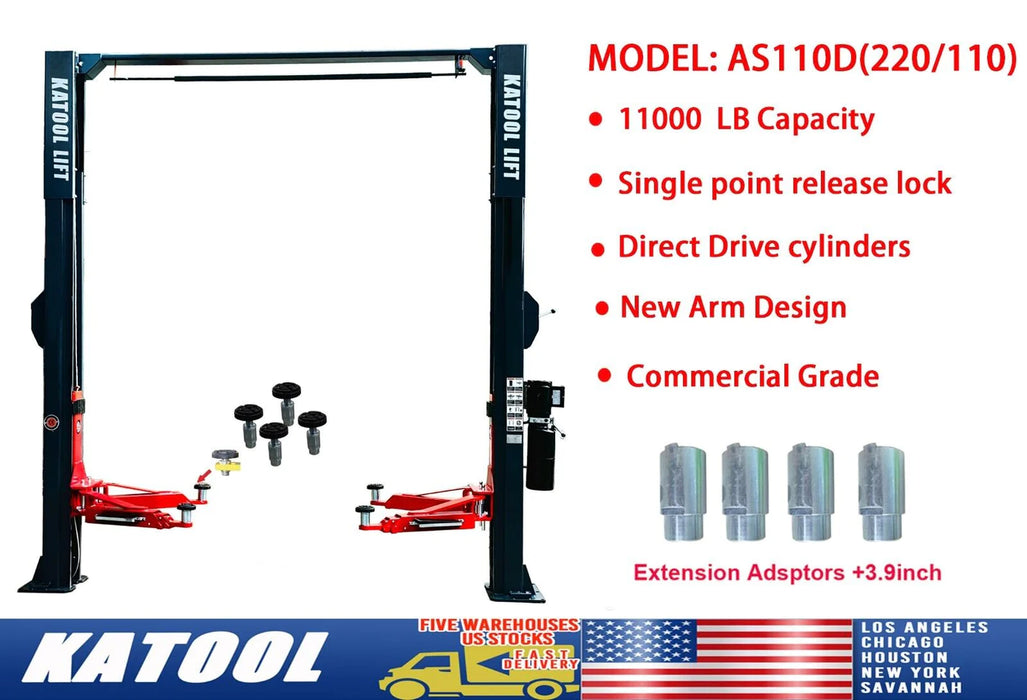 Katool Two Post Asymmetrical Vehicle Lift 11,000lbs Single Point Lock Release AS110D