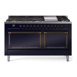 ILVE 60-Inch Nostalgie II Noblesse Natural Gas Dual Fuel Range with 9 Sealed Burners, Griddle, and Solid Door Oven in Midnight Blue with Bronze Trim (UN60FQNMPMBB)
