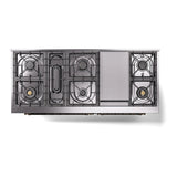 ILVE 60-Inch Nostalgie II Noblesse Natural Gas Dual Fuel Range with 9 Sealed Burners, Griddle, and Solid Door Oven in Midnight Blue with Bronze Trim (UN60FQNMPMBB)